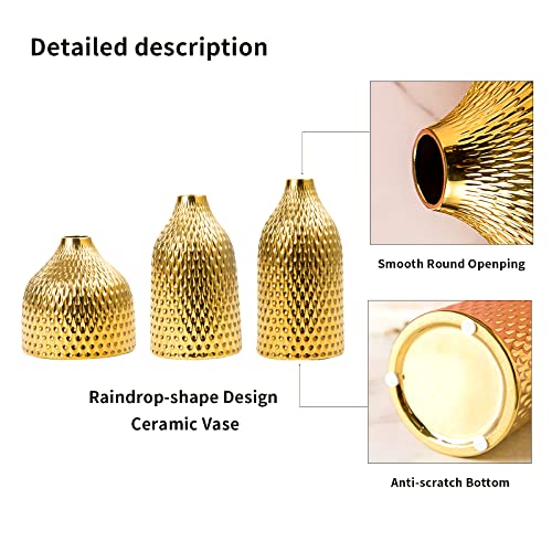 Basdhe Ceramic Vase Set - 3 Small Vases, Luxurious Home Decor, Great For Centerpieces; Ideal Shelf Décor, Table Décor, Bookshelf, Mantle, Entryway- Gold #TOP3