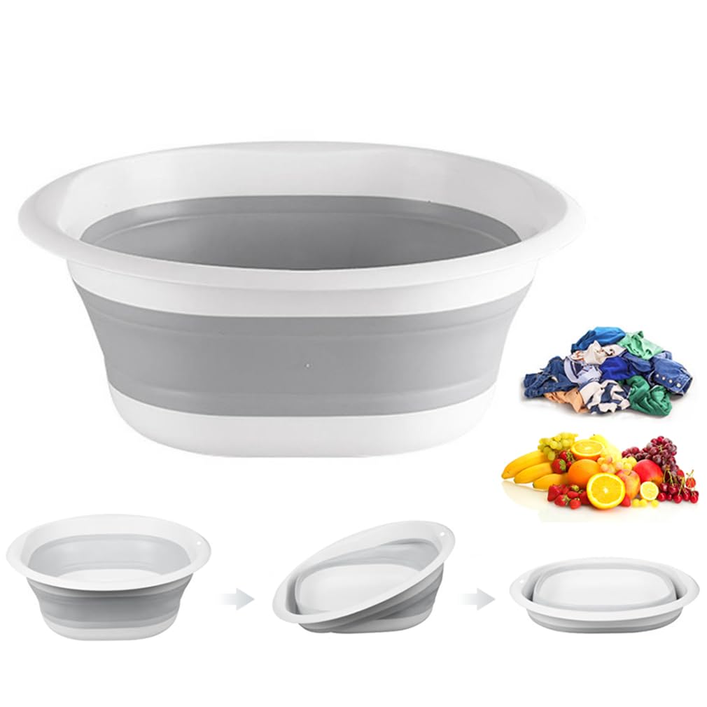 9L Collapsible Washing Up Bowl - Portable Hand Wash Basin, Folding Washing Up Basin, Retractable Food Storage Basin, Multipurpose Outdoor Water Basin for Kitchen, Travel, Camping, Hiking (Gray, L)