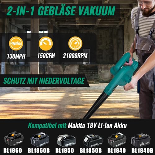 Akku-Laubbläser, Ersatz für Makita, mit 2x3000mAh Akku und Ladegerät,2-in-1 Elektrische Gartenblattgebläse und Staubsauger,18V für Rasenpflege, Laubblasen, Auto und Eckenreinigung – Bild 3