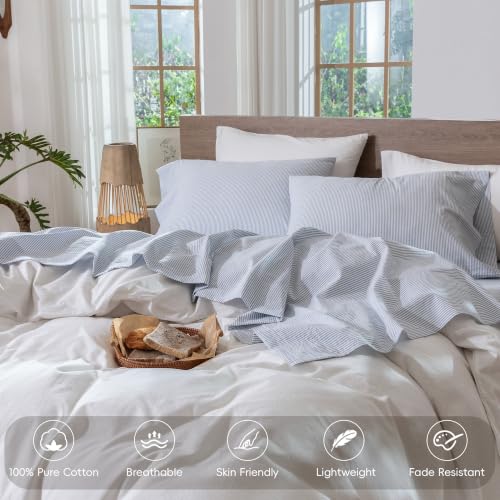 Image of MooMee Striped Sheet Set 100% Washed Cotton Linen Like King | Relaxed Linen-like Texture. Soft, Breathable & Lightweight Comfort. 15-19 inch Extra Deep Pocket with All-around Elastic
