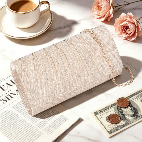 Image of Larcenciel Clutch Purses for Women, Shiny Pleated Evening Bag w /Removable Chain for Formal Events Cocktail Wedding Prom