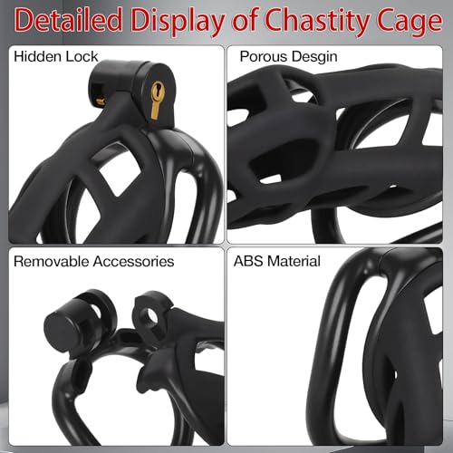 Image of Male Chastity Cage with Belt + 4 Ball Rings & Invisible Lock - Ultralight Fit Design for Long Term Wear, Secure BDSM Device (L-100mm) [Black]- Breathable Large Penis Cage Sex Toy for Men
