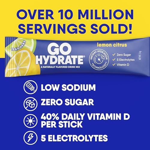 Image of GoHydrate Instant Hydration Powder Packets - Low Sodium Electrolytes Drink Mix - Natural Hydration Support, Sugar Free Electrolyte Flavored Powder Drink with Vitamin D, 30 Packs, Lemon Citrus | Instant hydration daily drink mix; water flavor packet singles with Vitamin D