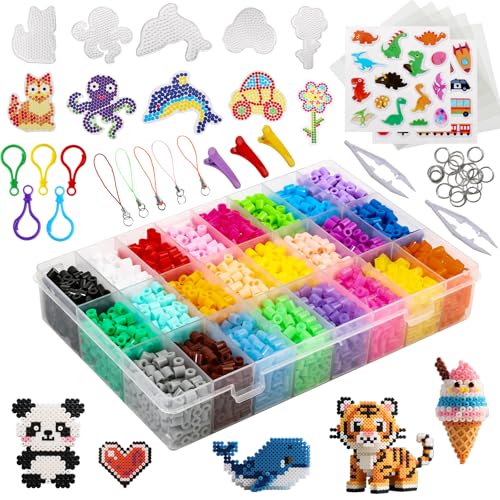 Dongzhi Bügelperlen Set 5mm – 7.300 Stück, 24 Farben Nachtleuchtende Perlen zum Bügeln mit Platten & Aufbewahrungsbox, Kreatives Bastelset Kinder ab 6 Jahren