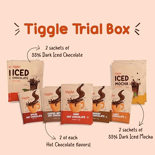 Image of Tiggle Premium Iced and Hot Chocolate Mix - All in One Bundle | As seen on Shark Tank India | Includes 2 Sachets of all 7 Variants | 4 Hot Chocolates & 3 Iced Chocolates | 14 Sachets | 14 Cups | 300 Grams