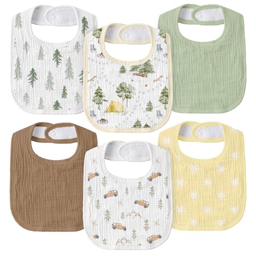 Image of Muslin Bibs for Baby Boy Girl, Adjustable Fit for Drooling and Teething | 6Pk, 100% Soft Cotton Surface & Multi-Layer Absorbent Core, Shrink-resistant & Fade-Proof, Gentle on Sensitive Newborn skin