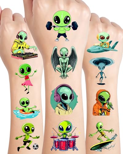 YanZonic 184Pcs Alien Temporary Tattoos - Green Alien Decor Stickers Party Favors Tattoos for Alien Party Decorations, UFO Space Theme Birthday Party Decorations