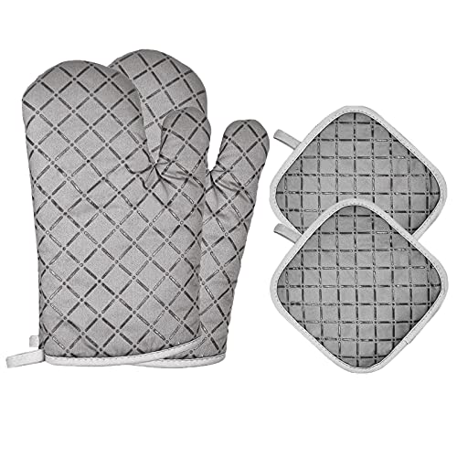 Topflappen Set, Topfhandschuhe & Baumwolle Topflappen 4Pcs, Verdickte Ofenhandschuhe Hitzebeständige bis 446F/230°C, Lang Backhandschuhe Kochhandschuhe für Kochen,Backen, Grillen - Grau Cover
