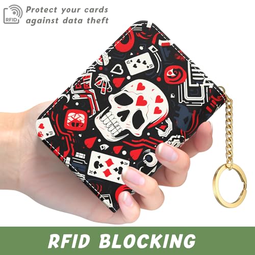Image of Aiawoxc Credit Card Holder, Small RFID Wallet Slim Leather Card Organizer Case with Zipper and Keychain, Abstract Skull