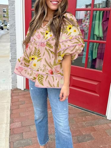 Cicy Bell Womens Summer Floral Babydoll Tops V Neck Short Lantern Sleeve Shirts Cute Loose Fit Flowy Blouses4
