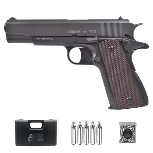 Ecommur. Bruni 1911 balines (3 Julios)| Pistola de perdigones (Bolas de Plomo) de Aire comprimido semiautomática 4,5mm + maletín + Caja de balines y CO2