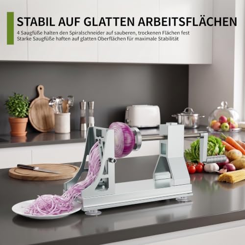 Foto von Spiralschneider Gemüse aus Edelstahl mit 4 Klingen, Profi-Spiralschneider für Kartoffeln, Karotten und Spaghetti, mit starkem Saugfuß und rutschfester Basis (Grau)
