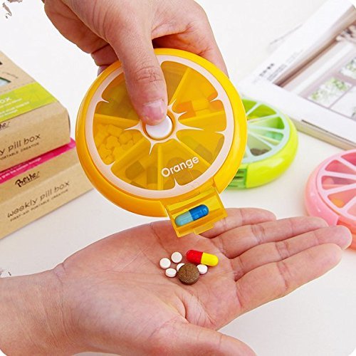 Auch 3 Pcs Portable Rotating 7 Day Weekly Pill Organizer Travel Medicine Tablet Holder Storage Case Box Dispenser, Cute Fruit Style, Pack Of 3 (Orange/Lemon/Pomelo) #TOP3