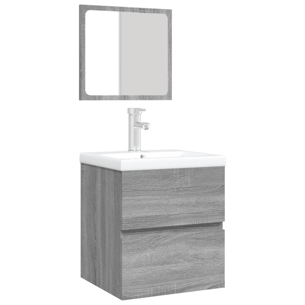 SYDE Armario de Lavabo con lavamanos y Espejo Gris Sonoma | Madera contrachapada resistente a humedad, cajón amplio, montaje en pared, rebosadero integrado