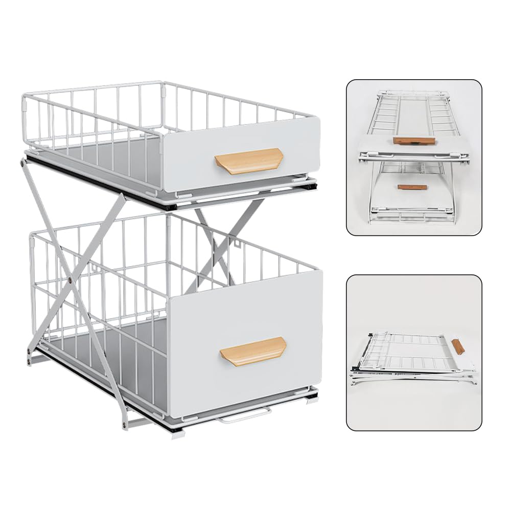 LANTUS Organizer pod zlewem - Metalowa szuflada do przechowywania - Stojak przesuwny z przegrodami na przyprawy, prysznic, spiżarnia - kuchnia, łazienka, pod zlewem, półki garażowe - biały