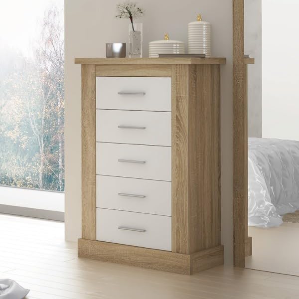 Meyvaser.com Ecommerce Company Cómoda, Sinfonier 5 Cajones, Acabado en Blanco y Cambrian, Medidas: 66 cm (Ancho) x 107 cm (Alto) x 39,6 cm de (Fondo)
