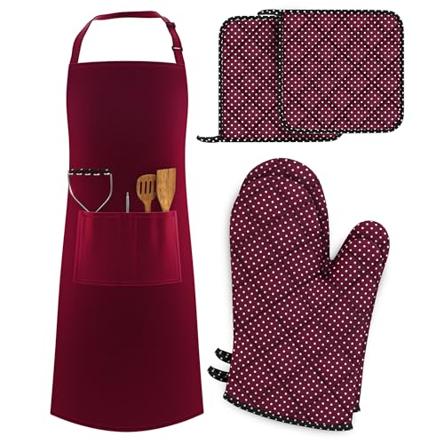 LEFUNDA 5-teilige Küchenset umfasst eine verstellbare BBQ-Schürze mit 3 Taschen Ofenhandschuhe und Topflappen konzipiert für Hobbyköche Restaurants und Cafés.