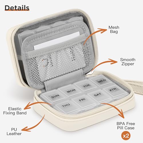 Image of Zannaki Cute Pill Organizer for Purse with Two Removable 7-Day Pill Box, Travel PU Leather Pill Case, Portable Weekly Pill Container with Storage Bag to Hold Vitamins, Fish Oils, Supplements (Beige)