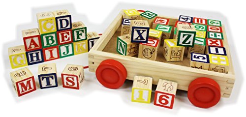 Matty's Toy Stop 42-Piece Classic Wooden Abc/123 Stack And Build Blocks Wagon With Learning Pictures #TOP1