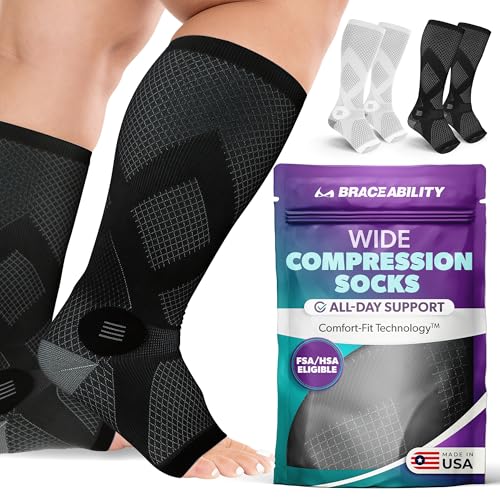 Image of BraceAbility Wide Calf Compression Socks - 20-30 mmHg Open Toe Stockings for Large Calves - Extra Wide Knee High Support for Varicose Veins, Swelling, Neuropathy, RLS - 1 Pair (XL /2XL WIDE - Black)