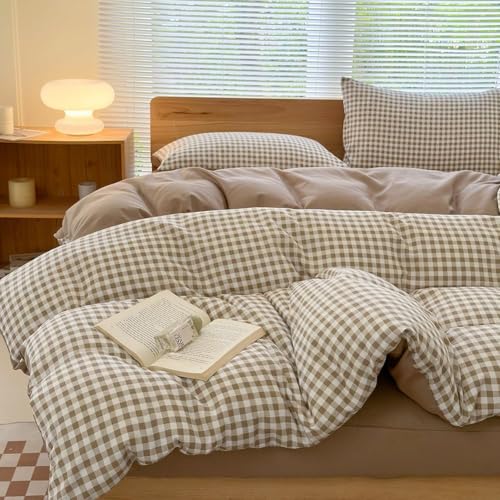 NSNLGSGC King Duvet Cover Set, Plaid Duvet Cover King Bed and 2 Pillowcases Bedding Set Easy Care 220 x 230 cm Tan Gingham