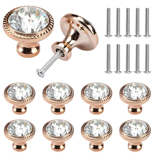 10 Pièces de 32 mm Boutons de Tiroir en Cristal, Bouton de Tiroir avec Vis, Bouton de Porte de Placard, Poignée Meuble de Porte Dorée, Poignee de Meuble pour Commodes, Armoires, Penderies et Tiroirs