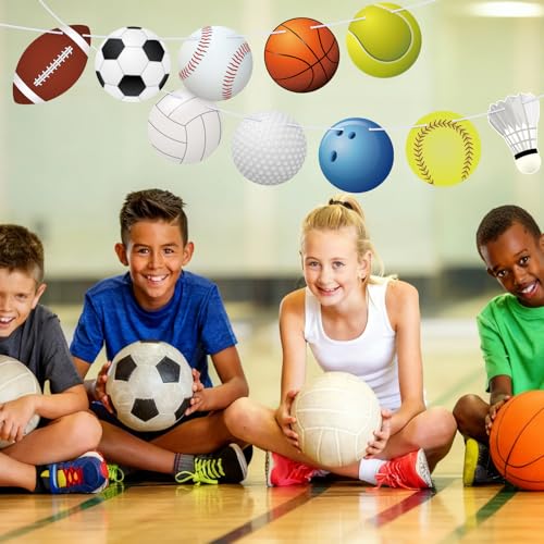 Image of Hooqict Sports Themed Party Decorations Happy Birthday Banner Baseball Football Basketball Golf Soccer Volleyball Softball Party Banner Garland Sign for Sports Birthday Party Decorations Supplies