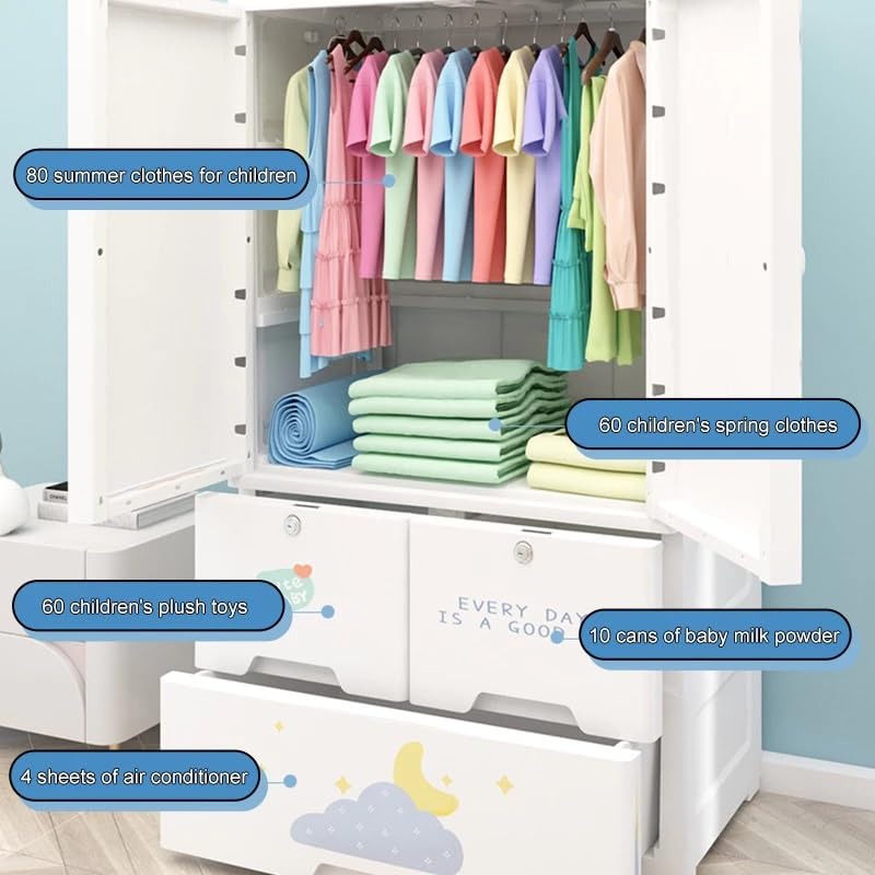 Image of Portable Collapsible Wardrobe for Kids Plastic Storage - Cloth Organizer Cupboard /Multipurpose Storage /Closet for Bedroom /Living Room /Easy to Assemble Room & Home (White-Bear)
