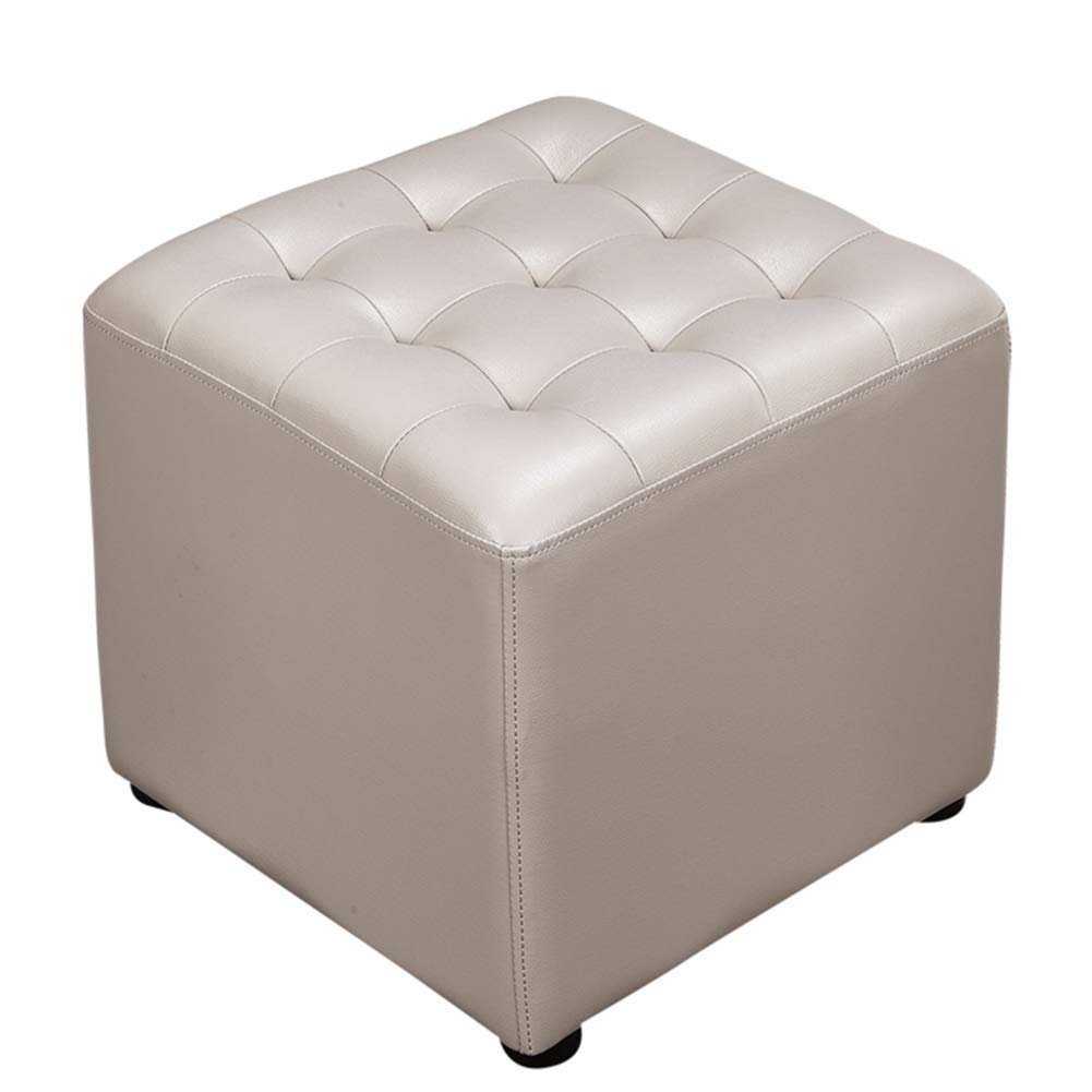 PAROBDO Leather Upholstered Cube Pouf Ottoman,pouffe Footstool Solid Wood Square Leather Living Room Coffee Table Small Bench-gray 40x40x35cm(16x16x14inch)