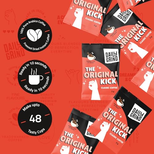 Image of DAILYGRIND Classic Instant Coffee Sachets 2 g Each - Pack of 48 | Freeze-Dried Arabica Coffee Granules with Free Jar | Perfect for Mochas, Espresso, Cappuccino, Latte, Frappes | Hot & Cold Brews 96 g