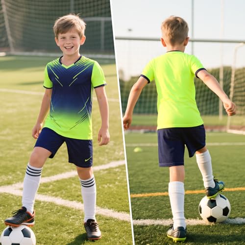 Hoseay Football Kit Boys Quick Dry Soccer Jersey Set Breathable Training Shirts and Shorts PE Tracksuit Two Piece Athletic Wear Kids Sports Outfit for Running Basketball 7-8 Years, Green