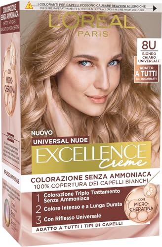 L'Oréal Paris Coloración permanente de larga duración, cobertura de pelo blanco, resultado natural y brillante, fórmula sin amoniaco, Excellence Universal Nude, tonos rubio claro (8U)