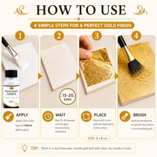 Image of 100 Sheets 8x8cm Gold Leaf Sheets Foil Paper with Water-Based Gilding Adhesive Glue | 100ml Gold Leaf Glue for Gilding, Resin Art, DIY Crafts, Furniture, Canvas, Glass & Home Decor