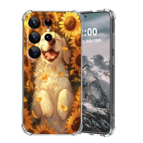 SFJAXYOV for Samsung Galaxy S22 Ultra Case, Golden Retriever Puppy Sunflowers Slim Fit Phone Case, Shockproof Cover for Samsung Galaxy S22 Ultra 6.8"