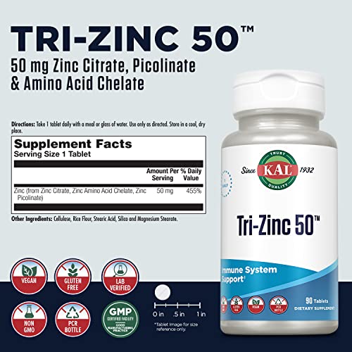 Kal Tri Zinc 50Mg W/Zinc Citrate, Zinc Amino Acid Chelate And Zinc Picolinate, Healthy Metabolism And Immune Support Supplement, Vegan, Gluten Free, Non-Gmo, 60-Day Guarantee, 90 Servings, 90 Tablets #TOP1