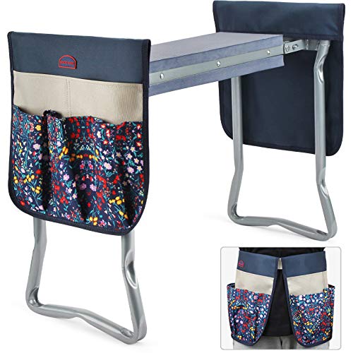 G GOOD GAIN Garden Kneeler Stool Seat,Foldable Garden Bench with Tools Bag Pouch,Thicken & Widen Soft EVA Foam Pad Outdoor Portable Kneeler Stool with Garden Apron Bags for Women & Man.Blue