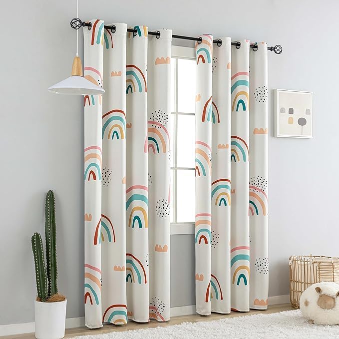 Image of BFAM Rainbow 100% Blackout Semi Sheer Curtain for Kids Cute Rainbow Room Darkening Window Curtains with Black Liner Blackout Curtain for Bedroom Nursery, Sold As 1 (10 Feet)