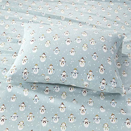 Image of Sleep Philosophy True North Cozy Flannel Warm 100% Cotton Sheet - Novelty Print Animals Stars Cute Ultra Soft Cold Weather Bedding Set, Queen, Blue Snowmen 4 Piece