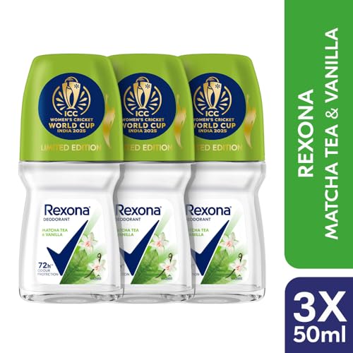 Image of Rexona Matcha Tea & Vanilla Antiperspirant Roll-On | for Women | 72H Odour Protection | Limited Edition Pack - ICC Women's Cricket World Cup India 2025 |50 ML (Pack of 3)
