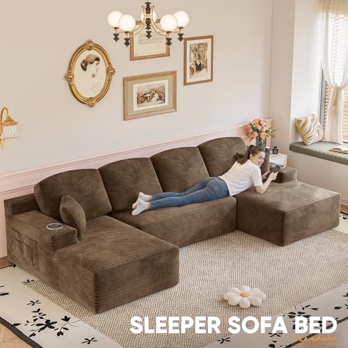 Image of Homall 142 inch Boneless Couch, Modular Sectional Sofa, No Assembly Required, Memory Foam Filling, Corduroy U-Shaped Sofa, Movable Multi-Person Couch for Living Room (Brown)