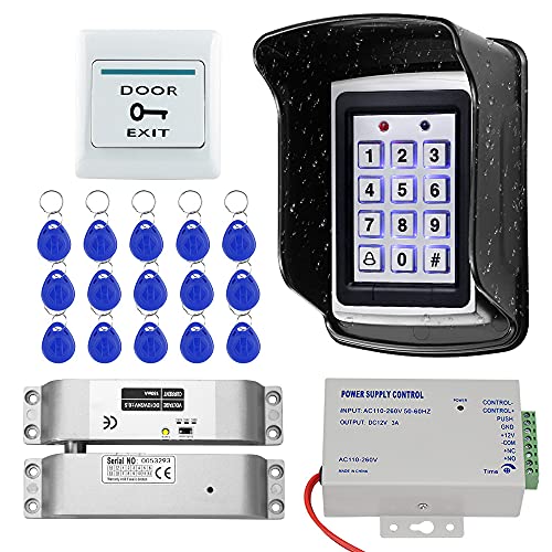 KUMU Sistema de Control de Acceso de Puerta RFID Impermeable al Aire Libre Teclado de Metal Cerradura Electrónica+Cubierta a Prueba de Lluvia+Botón de Salida+Llaveros de 15pcs para el Hogar/Oficina