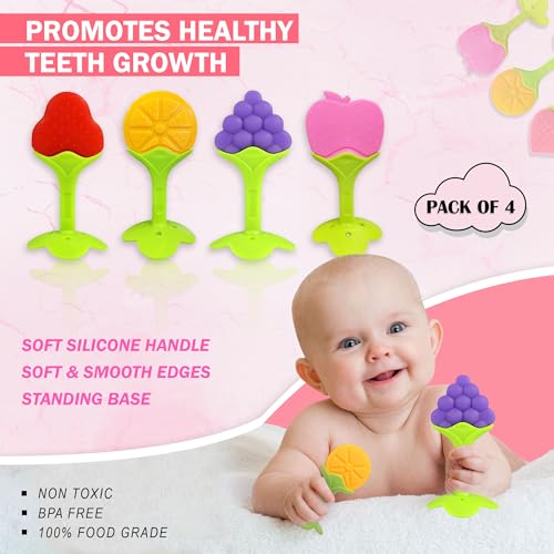 Image of GLUN Super Soft Silicone Baby Fruit Teething Toy for 0-12 Months, Pack of 5, BPA Free Silicone Soothing Teether Soft & Safe Gum Relief Toy
