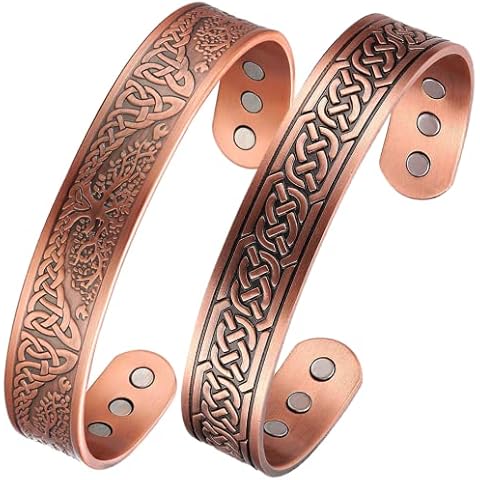Vicmag 2PCS Copper Magnetic Bracelet for Men Women 3500 Gauss Magnets Brazaletes 100% Solid Pure Copper Jewelry Cuff Bangles (Adjustable Size with Gift Box) (Tree & Ax Viking) Cover