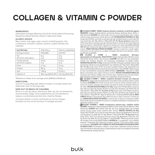 Bulk Collagène et Vitamine C en Poudre, 12 000 mg par portion, peptides de collagène hydrolysé, type 1 et type 3, Peptides de Collagène, Mangue, 500 g – Image 8