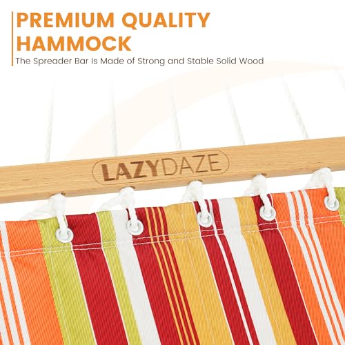 Image of Lazy Daze Double Quilted Hammock with Pillow and Carabiners, Vivid Stripe | 12FT 2 Person Outdoor Hammock with Hardwood Spreader Bars and Chains for Outside, 450lbs Weight Capacity