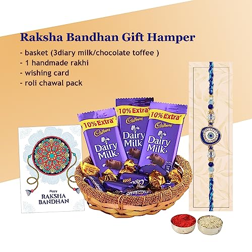 Image of Chocoloony Designer Rakhi with 3 Dairy Milk Chocolates & 10 Chocolairs Candy | Rakhi Chocolate Gift for Brother | Premium Rakhi Chocolate Basket Hamper | Roli, Chawal, Greeting Card, 200 grams