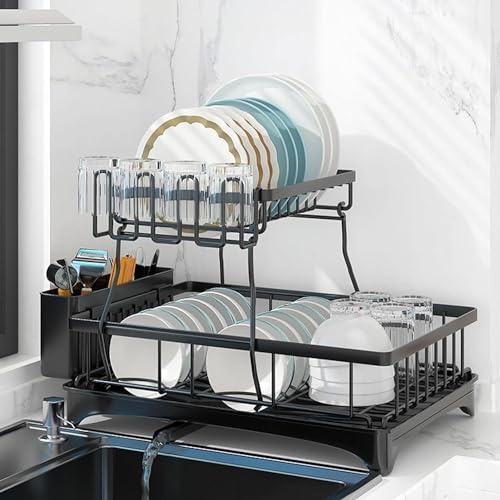 Image of YHK Dish Drying Rack, Rustproof Dish Racks for Kitchen Counter with Removable Utensil Holder,Knife Slots and Cups Holder,Large Capacity Drying Rack for Storage Plates Bowls Cups Utensil (RK-281)