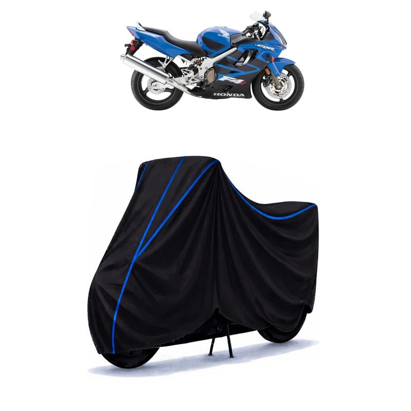 Image of CBR 600 F4i Bike Cover Water Resistant Universal Motorcycle Rain | Heavy Duty UV Protection, Dust, Scratch Indoor Outdoor All Weather with Black Blue Piping Elastic