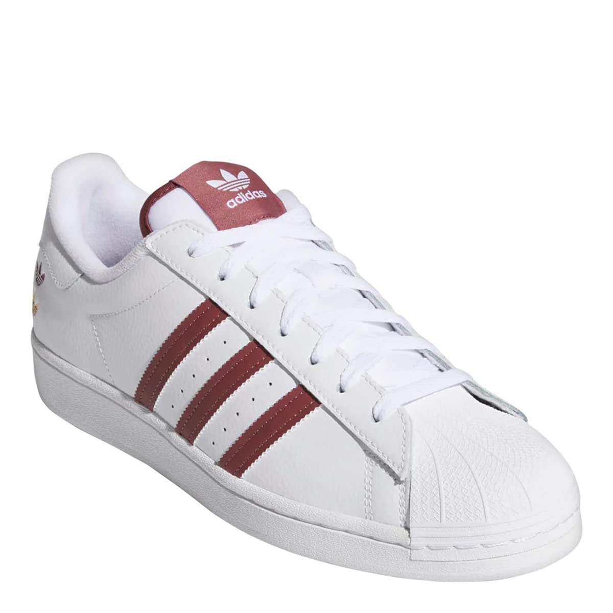 adidas Originals Mens Superstar Classic Low Top Sneaker Shoe, Footwear White/Quiet Crimson/Gold Metallic, 10