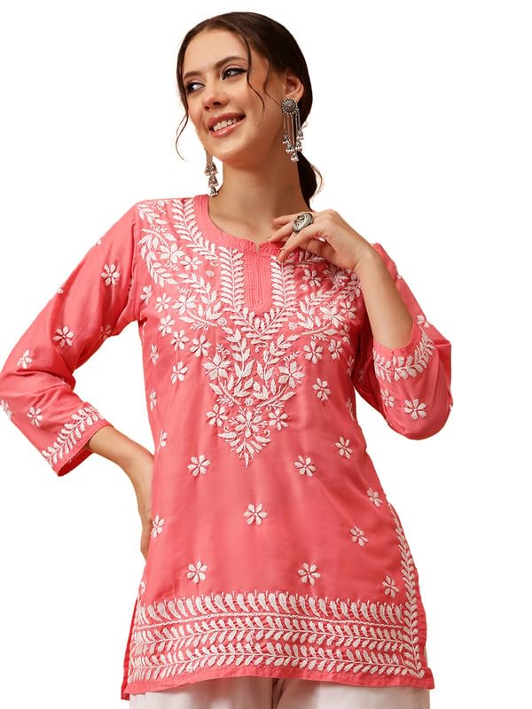 Image of Ada Hand Embroidered Lucknowi Chikankari Muslin Top for Women A911420 | Lucknowi Short Kurta Kurti Tunic Casual Wear Ethnic Wear Chikan Work Straight handcrafted top Kurti for Office